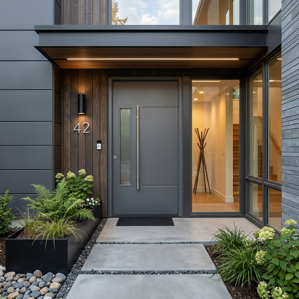 Modern front entrance with gray door and glass sidelight